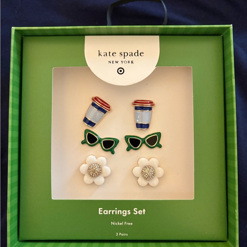 Kate Spade Earrings Set with Blue, Green, and White Designs